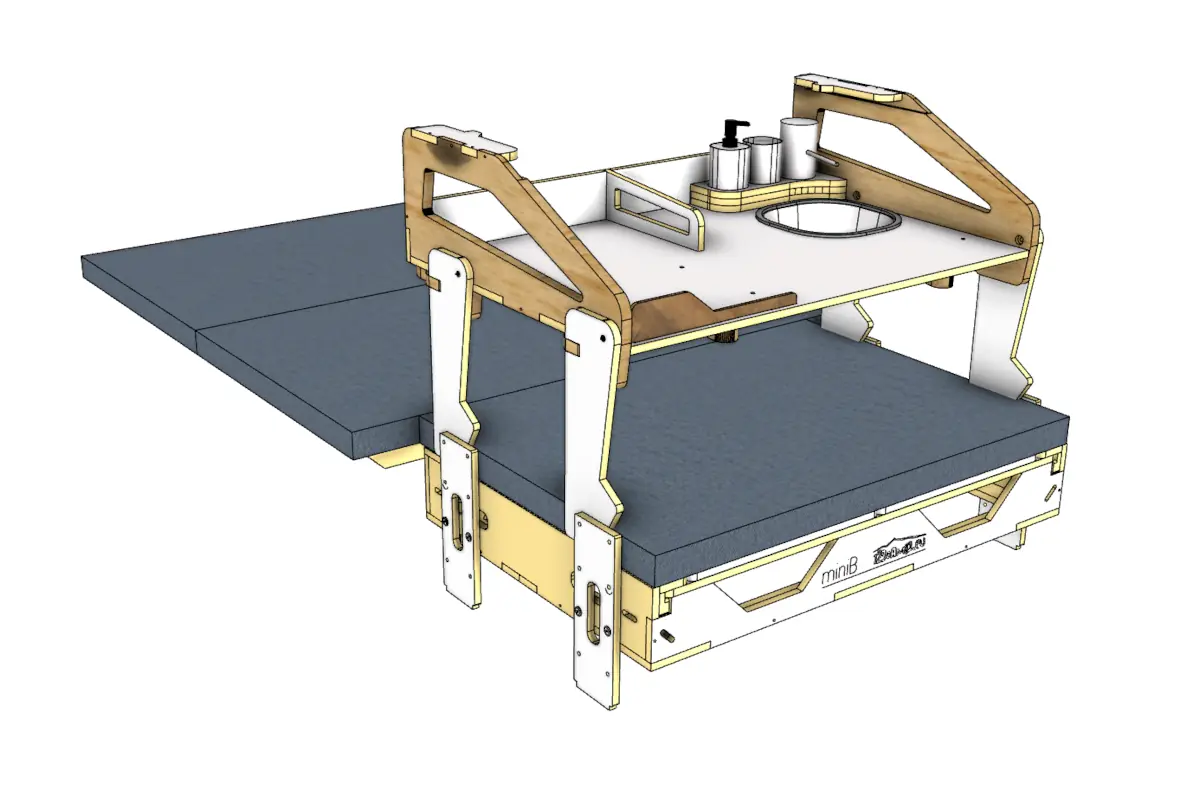 Diagrama del miniB con el CookB de 123camp, un módulo camper para coches y SUV